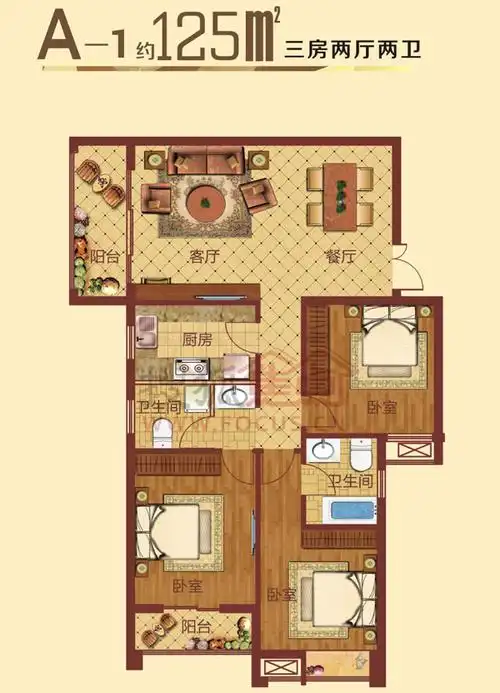 升龙汇金广场三室两厅两卫户型-3室2厅2卫-125m
