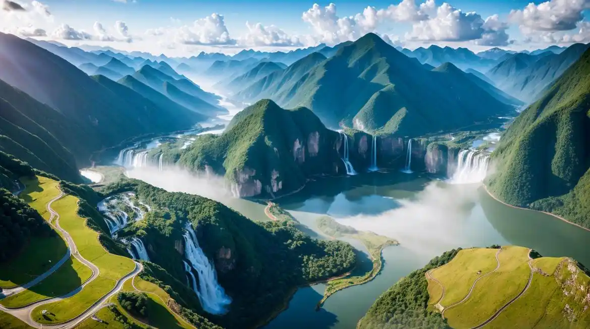 蓝蓝的天空下,山川,河流,瀑布……